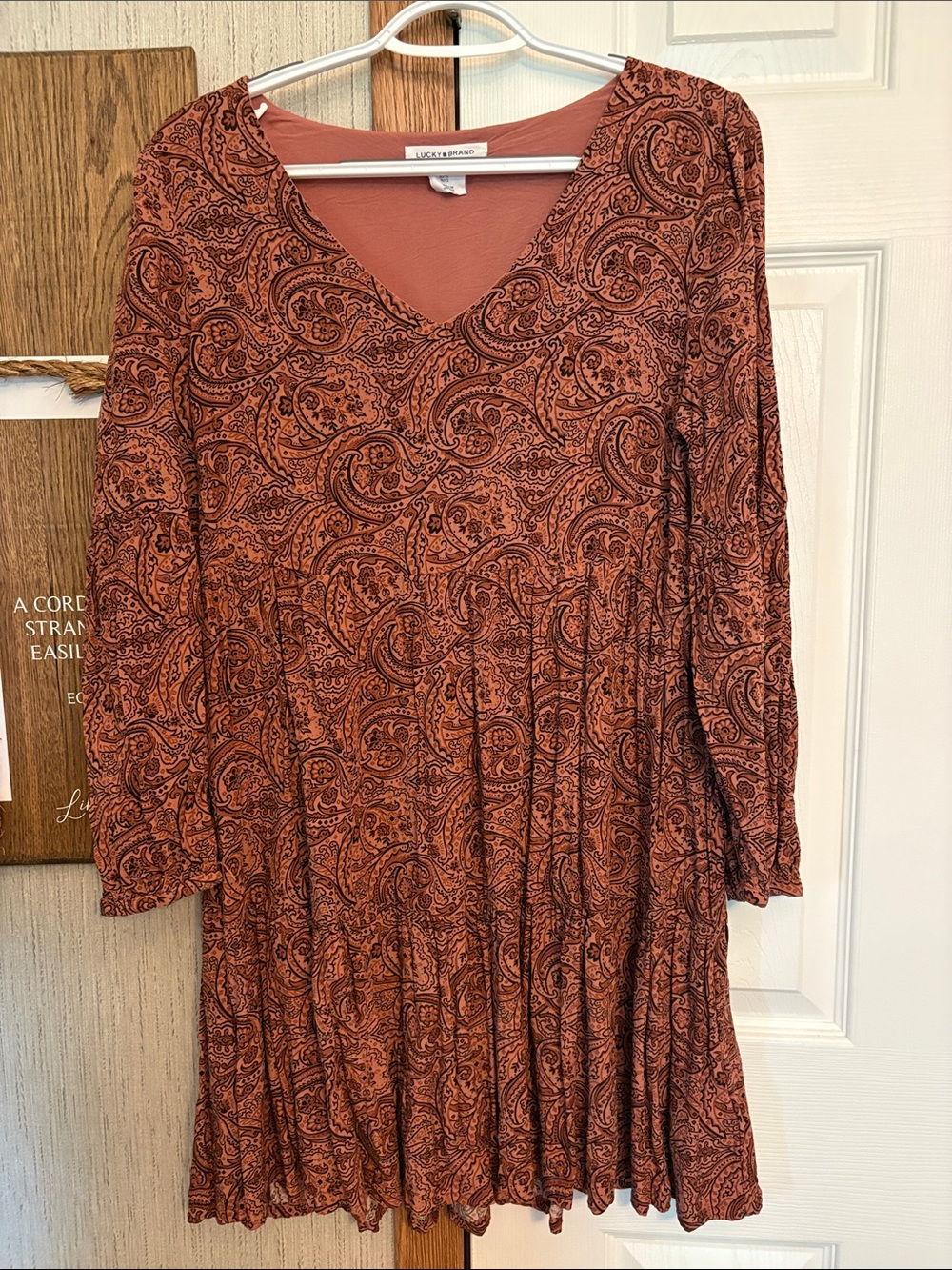 Lucky Brand Rust Paisley Tiered V-Neck Long Sleeve Dress